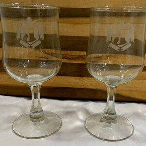 Vintage Set Of 2 Mid Century Monogrammed J Stemmed Clear Wine Glasses